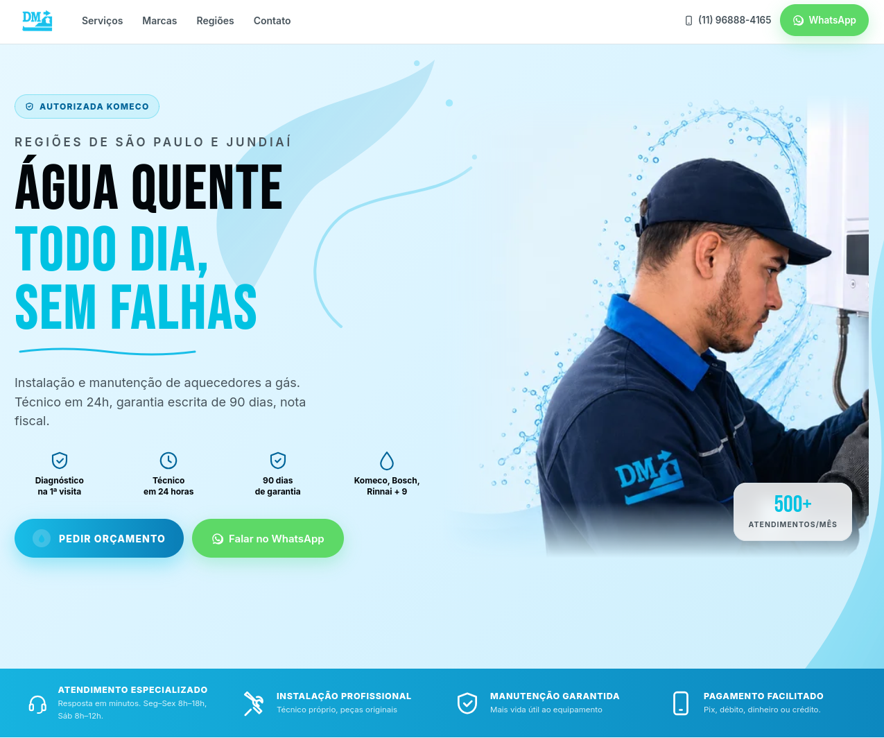 Página inicial do site DM Aquecedores, com serviços de aquecedores a gás