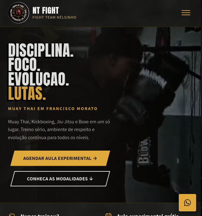Página inicial do site NT Fight, com apresentação das modalidades de luta